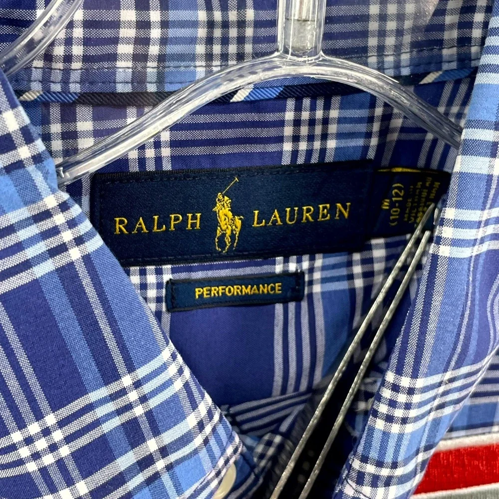 Ralph Lauren Performance Shirt Boys Medium 10-12 Blue Plaid Button Down‎ Rodeo